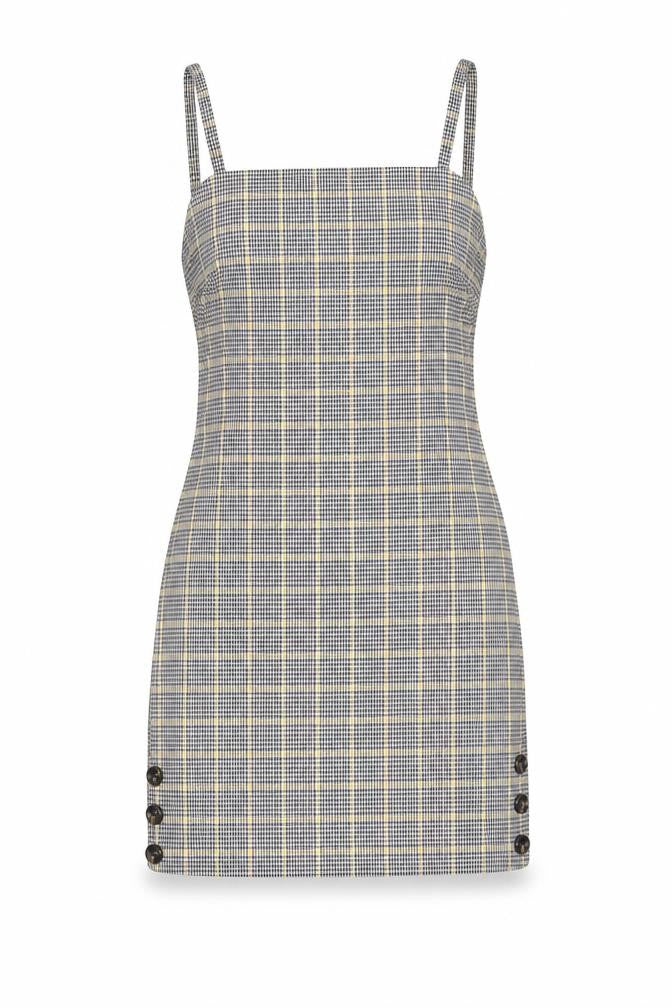 Front view of Miss Selfridge Petites Women’s Multicoloured Check Pinafore Dress, size UK 8