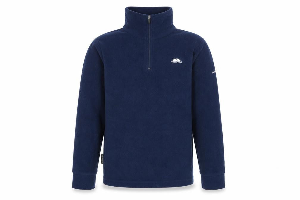 Front view of Trespass boys’ navy blue fleece pullover sweatshirt 7-8 years half zip warm