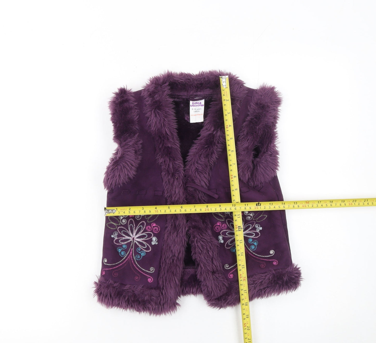 Girlz Unlimited Girls Purple Faux Fur Embroidered Waistcoat 9-10 Years Winter Vest