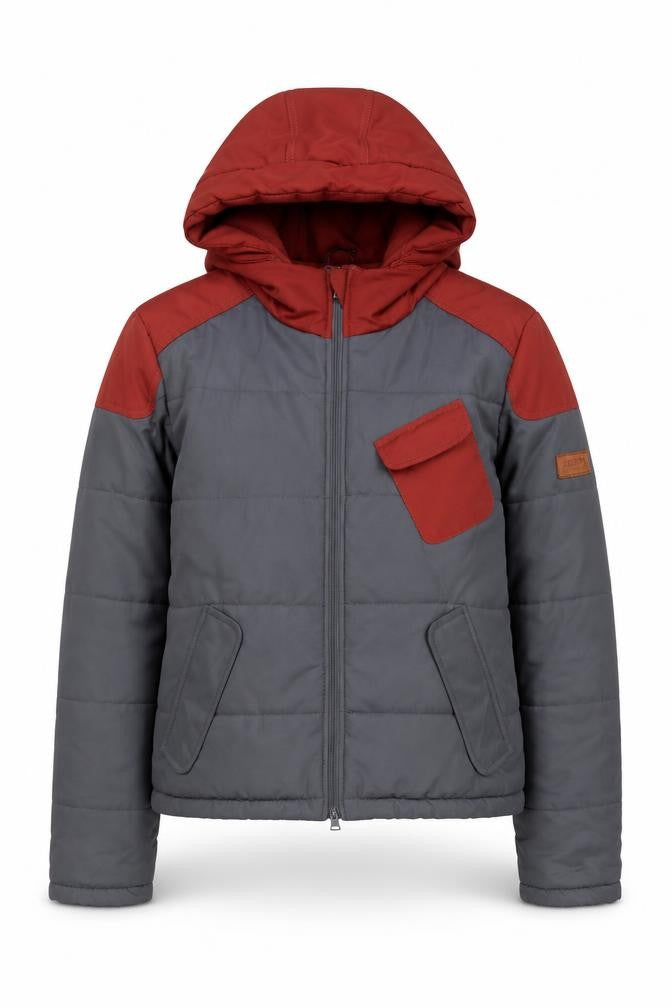 Zoom Womens Grey and Red Hooded Puffer Jacket Size M Winter Coat