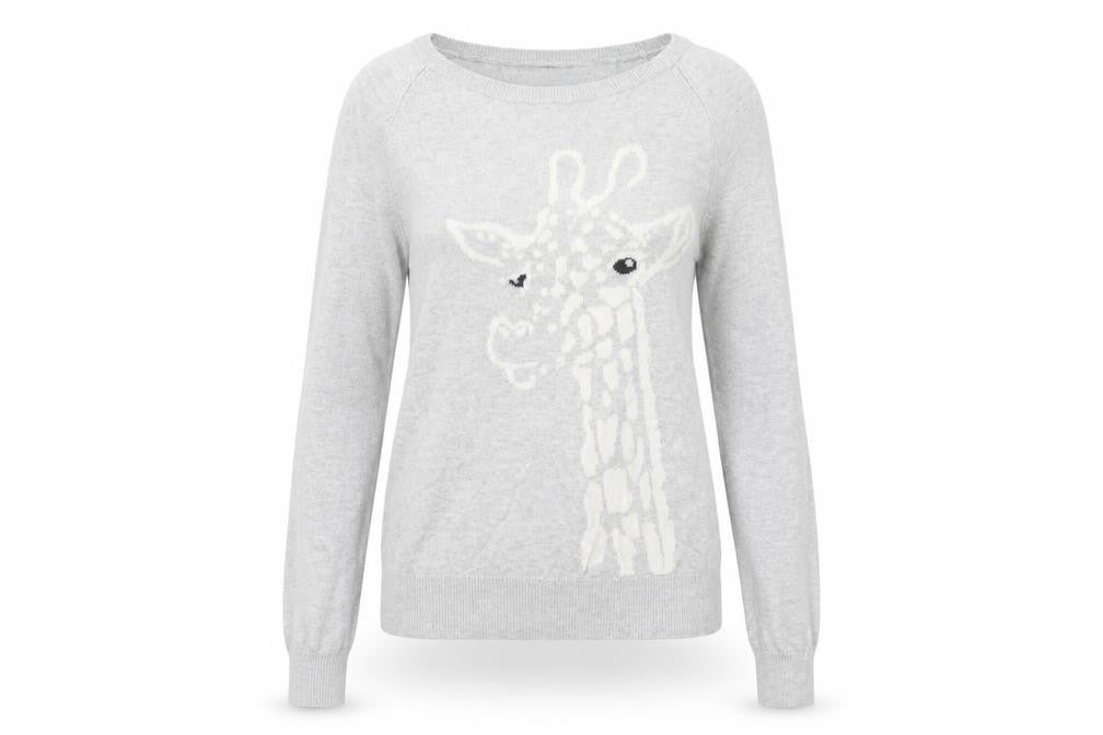 New Look Women Grey Cotton Giraffe Jumper Size 6 Crew Neck