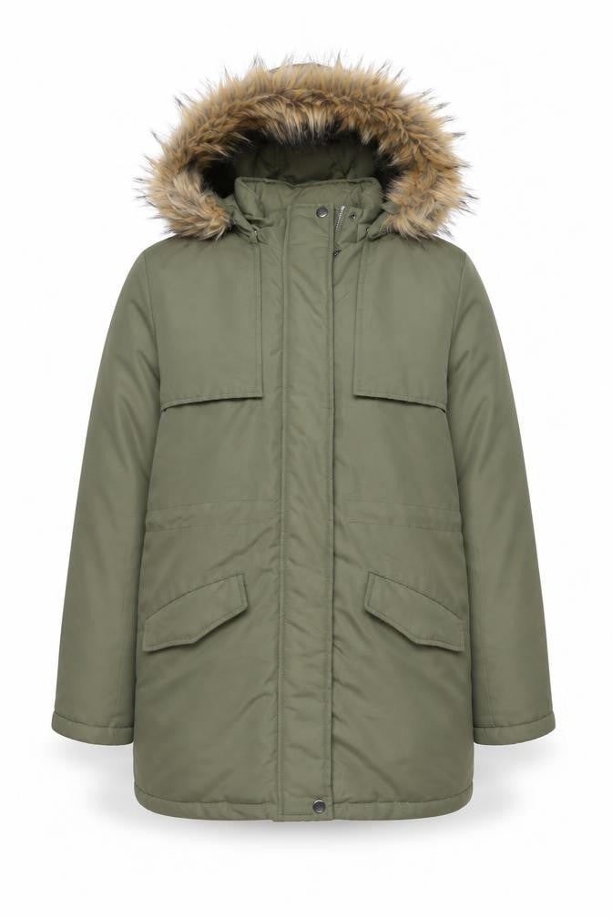 VILA Womens Green Faux Fur Trim Hooded Parka Jacket Size M