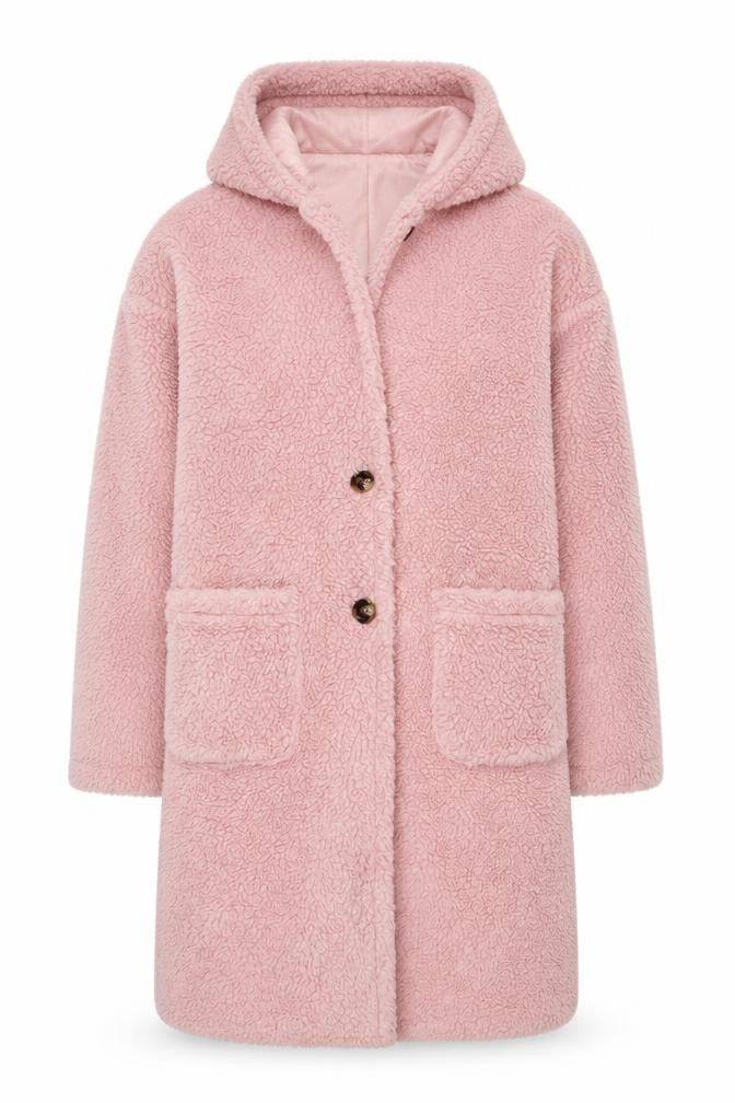 Front view of Miss Selfridge Women’s Pink Fleece Hooded Mid-Length Coat, size UK 8