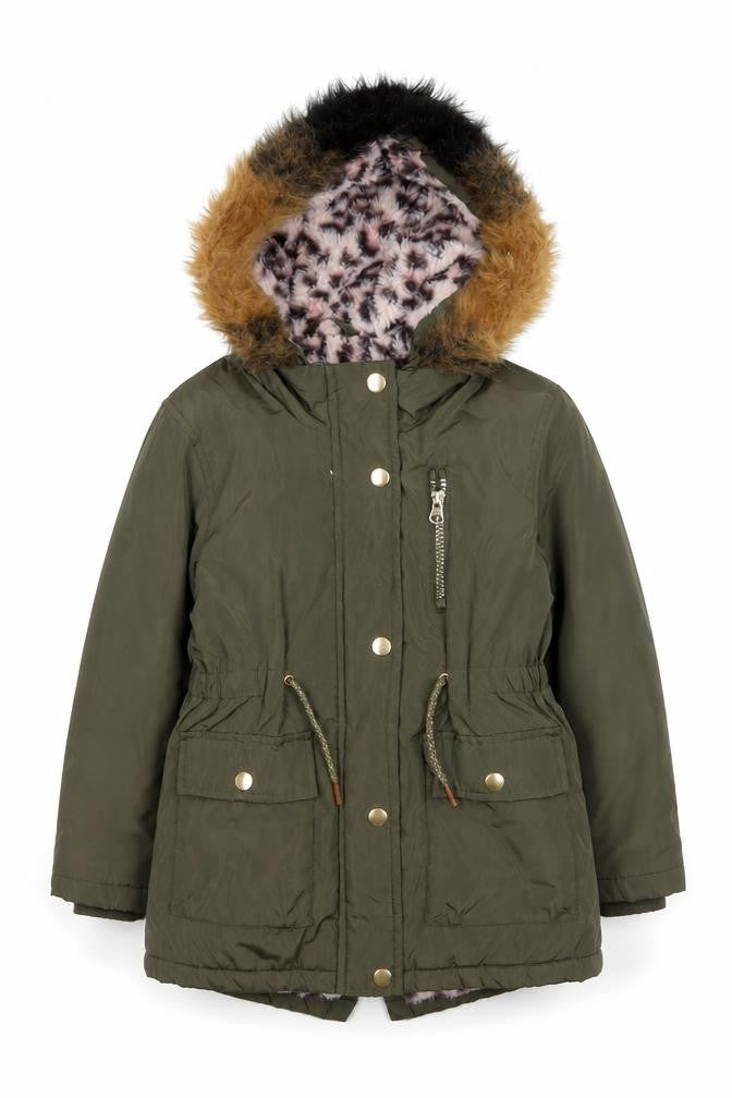 Front view of Tu girls’ green faux fur hooded parka coat 5-6 years lined winter jacket