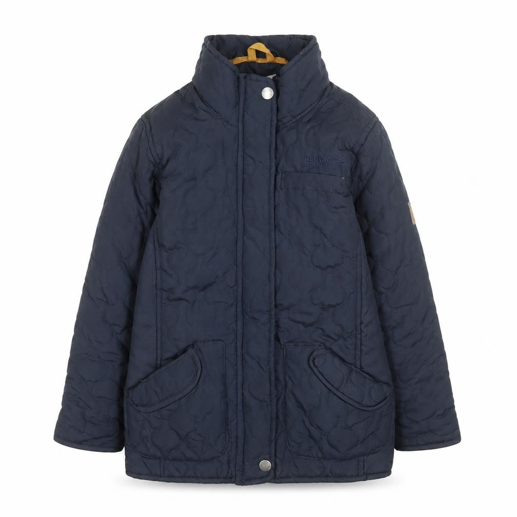 Front view of Regatta girls’ blue quilted mid-length jacket 5-6 years lined water repellent