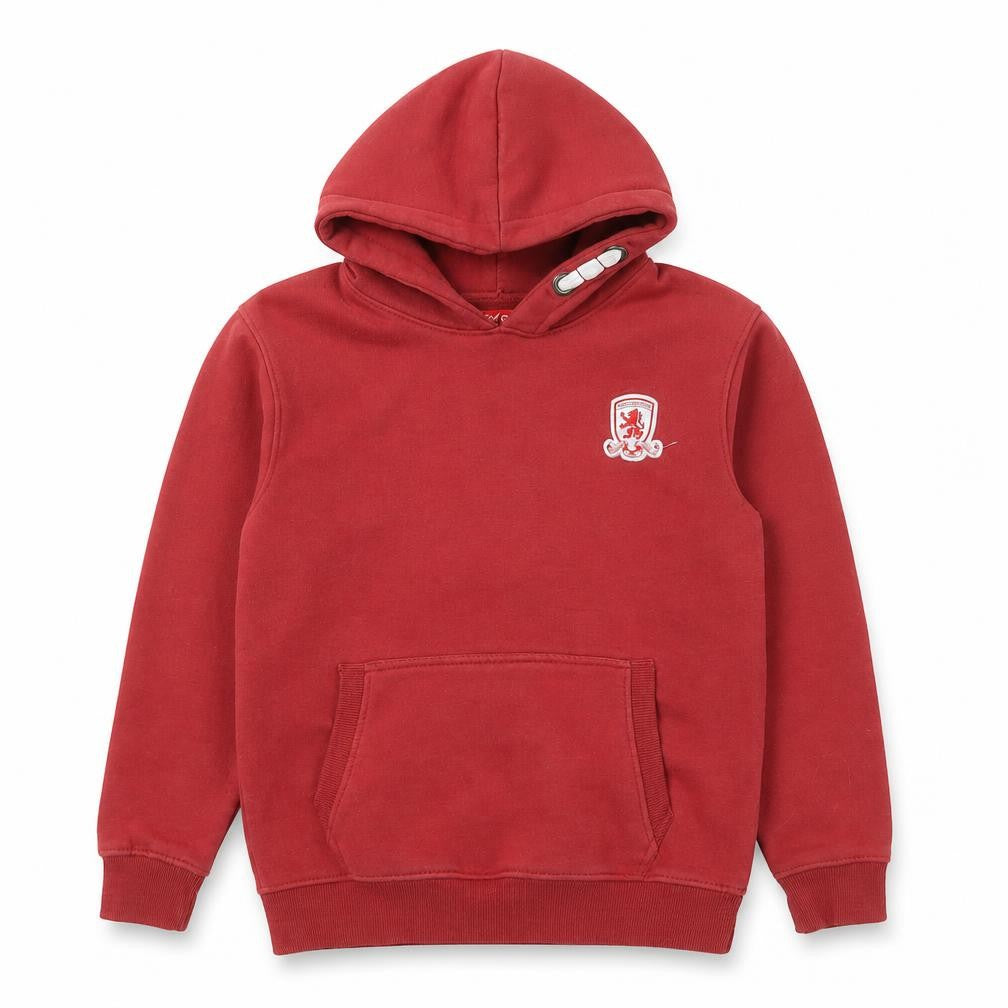 Front view of MFC boys’ red pullover hoodie 9-10 years football logo fleece sweatshirt