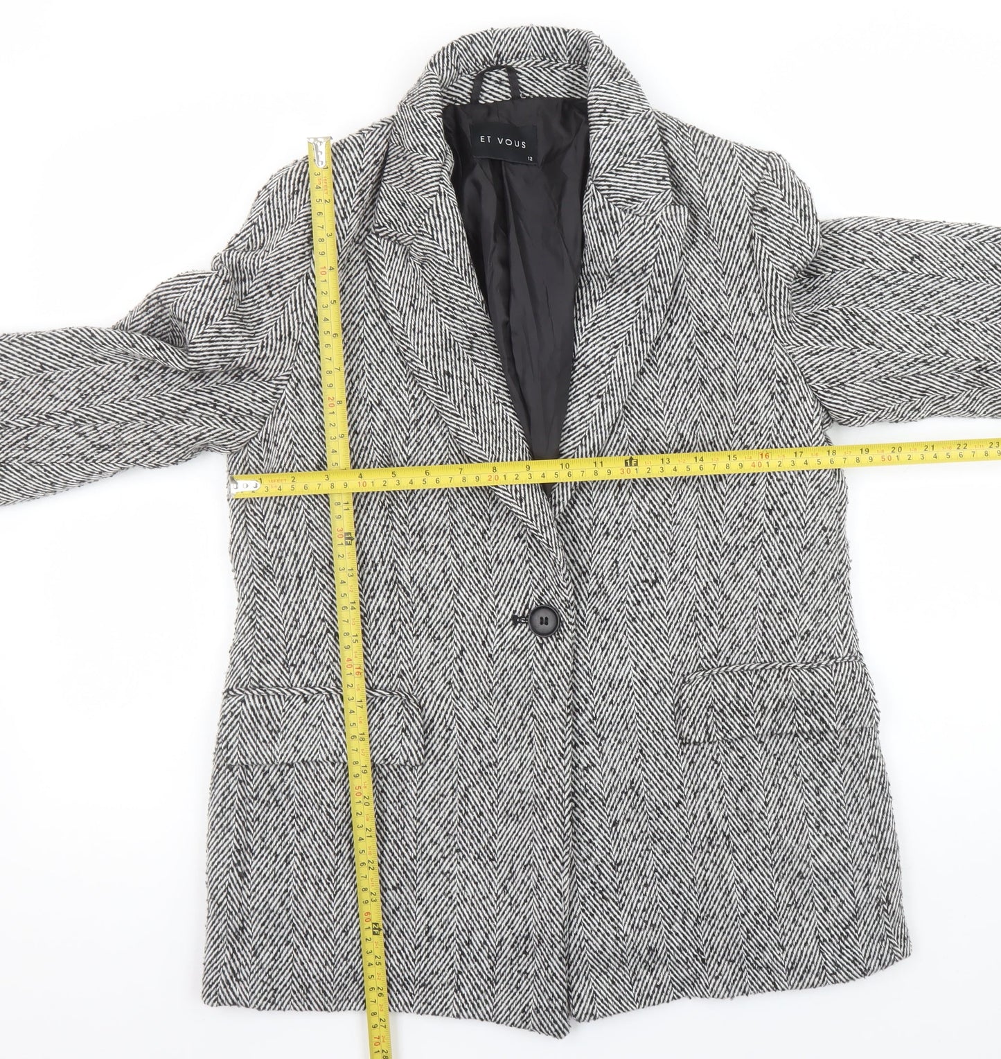 Et Vous Women's Grey Herringbone Single-Breasted Blazer Size 12 Wool Blend