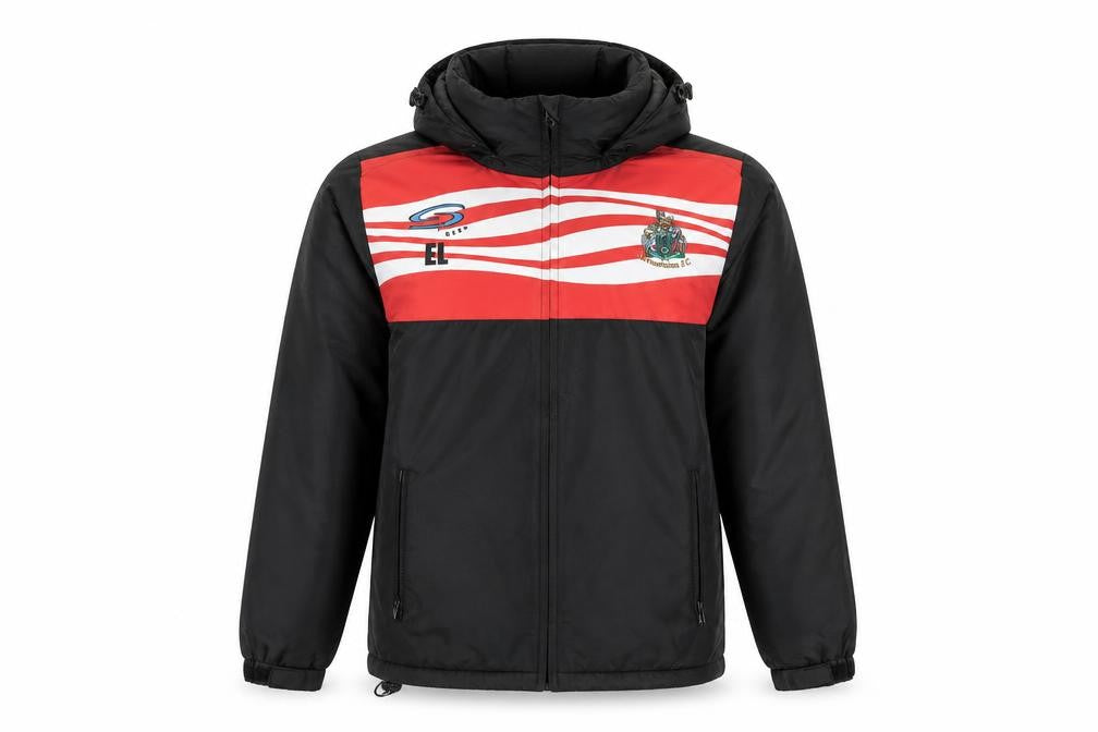 Front view of S Kits boys’ black red altrincham f.c. hooded puffer jacket m