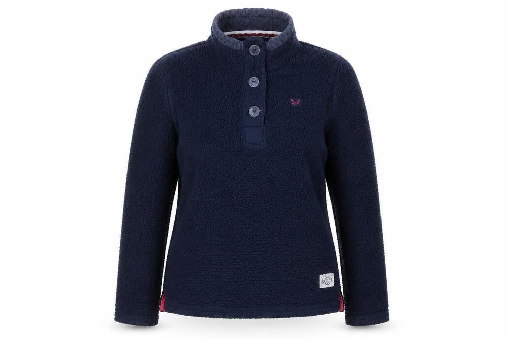 Front view of Crew Clothing Women Navy Blue Fleece Henley Sweatshirt, size 14
