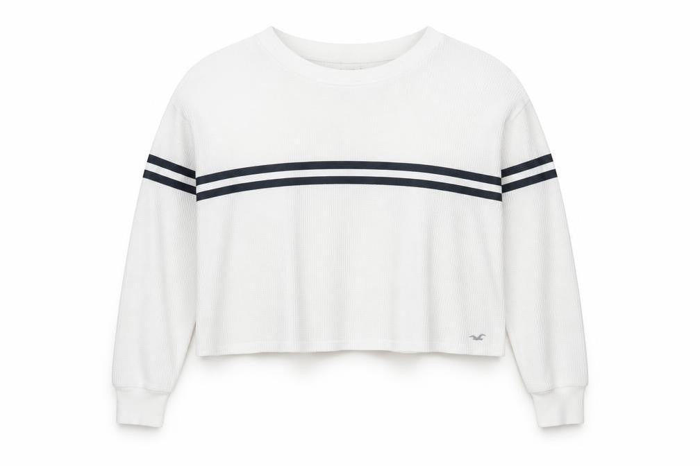 Hollister Women White Long Sleeve Crew Neck Relaxed Cotton Tee S