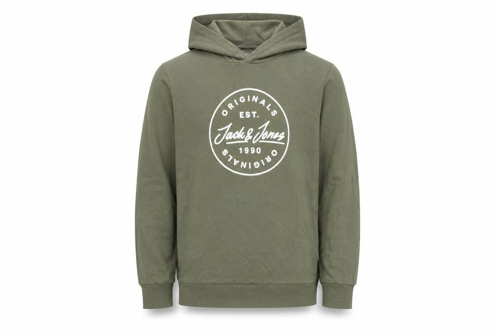 Front view of Jack & Jones boys’ green pullover hoodie, size 164, logo print casual sweatshirt