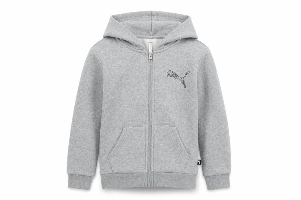 Front view of Puma boys’ grey full zip hoodie, size 146, fleece logo sportswear