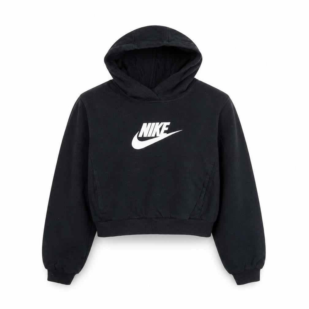 Front view of Nike girls’ black xl pullover fleece hoodie with logo print