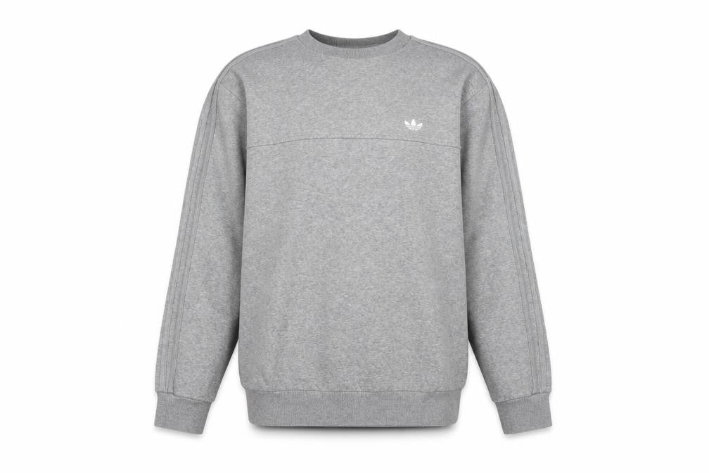 Front view of adidas men’s grey crew neck pullover sweatshirt, size M, regular fit