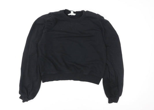 H&M Womens Black Cotton Blend Puff Sleeve Sweatshirt Size 12