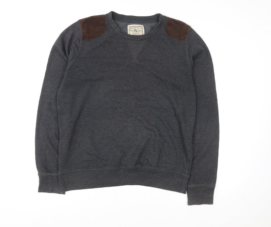 Brave Soul Men's Grey Pullover Sweatshirt Large Crew Neck with Suede Patches