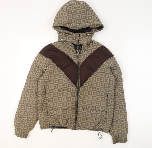 Guess Men's Beige Brown Hooded Puffer Jacket Size S Polyester