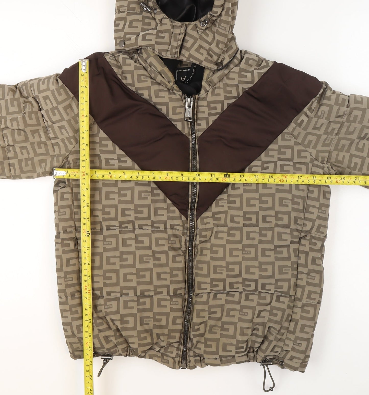 Guess Men's Beige Brown Hooded Puffer Jacket Size S Polyester