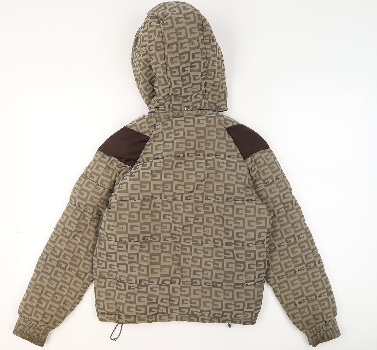 Guess Men's Beige Brown Hooded Puffer Jacket Size S Polyester