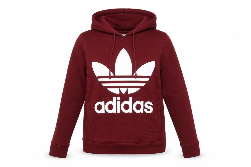Front view of Adidas Women Burgundy Hoodie, size 8, Cotton Pullover Logo Hooded Sweatshirt