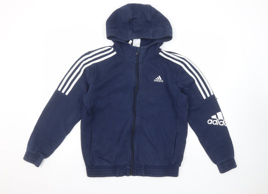 Adidas Boys Navy Full Zip Hoodie 13-14 Years Lined Logo Sportswear