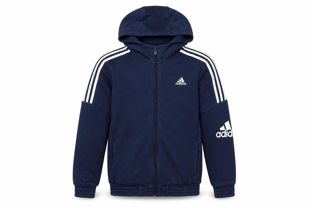 Front view of Adidas boys’ navy full zip hoodie 13-14 years lined logo sportswear