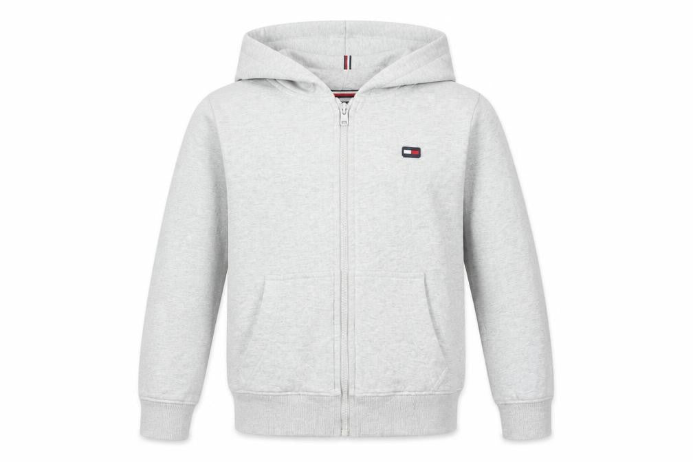 Front view of Tommy Hilfiger boys’ grey full zip hoodie, size 140, cotton blend casual