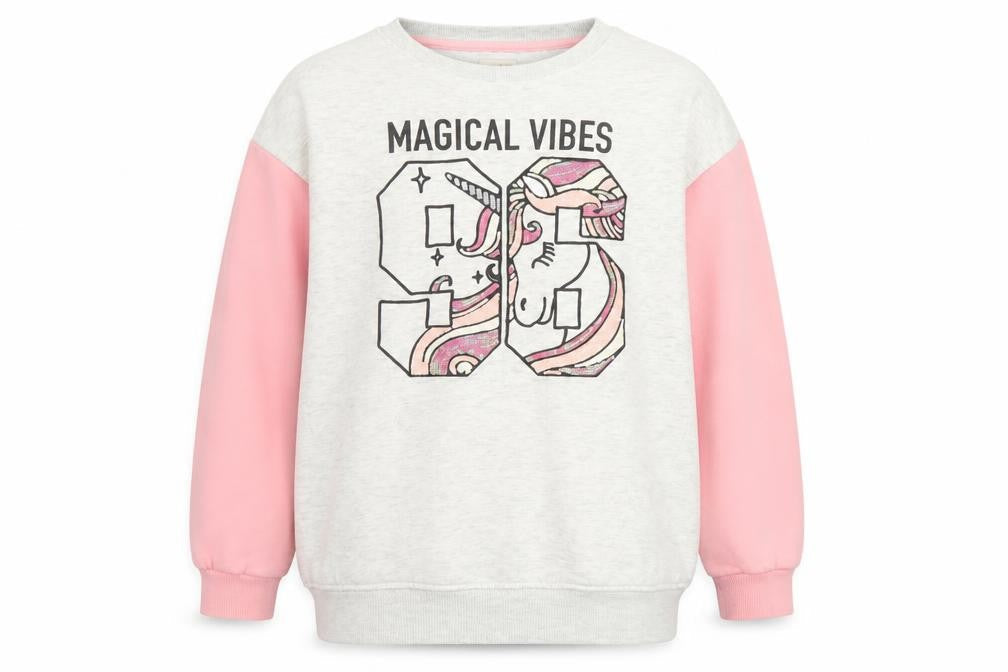 Front view of F&F girls’ beige & pink unicorn magical vibes pullover sweatshirt 9-10 years