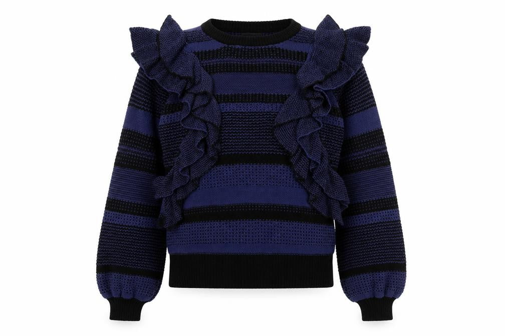 Oasis Women Blue Striped Ruffle Knit Jumper Size M