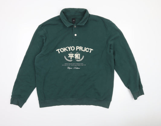 River Island Men's Green Collared Henley Sweatshirt L Logo Print