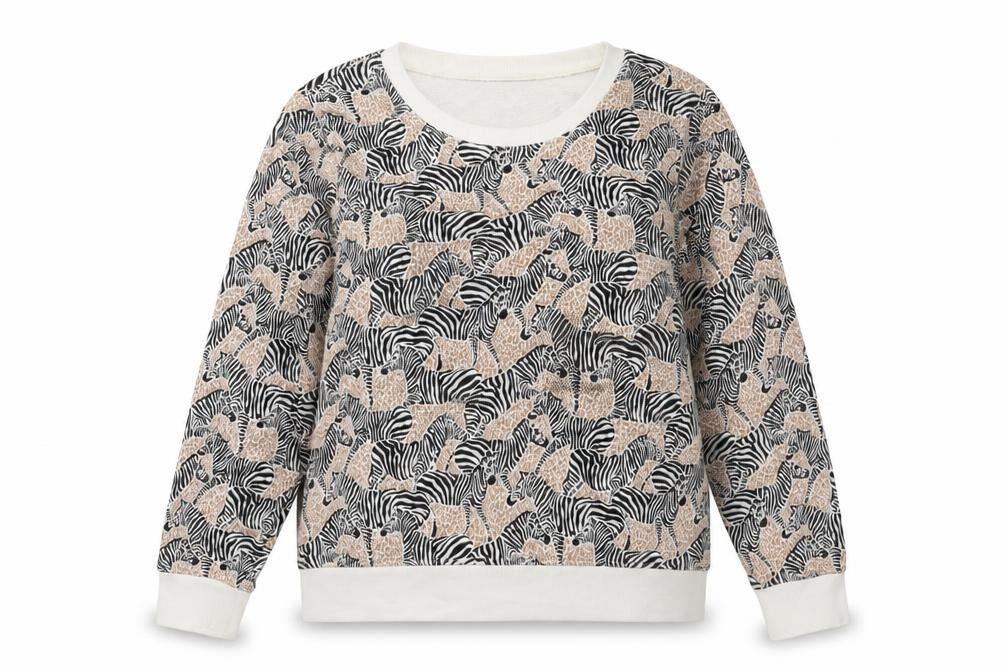 Front view of J.Crew women’s beige black zebra print pullover sweatshirt m cotton