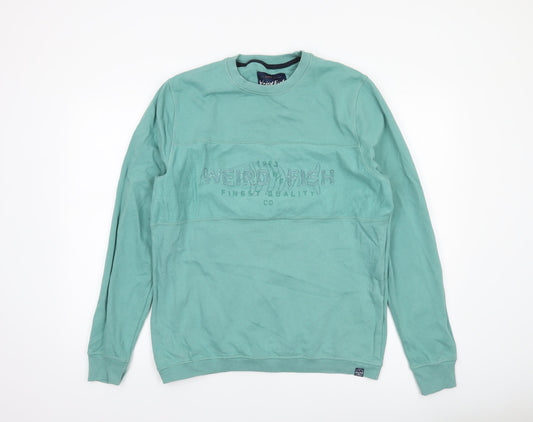 Weird Fish Men's Green Cotton Embroidered Crew Neck Sweatshirt Size L