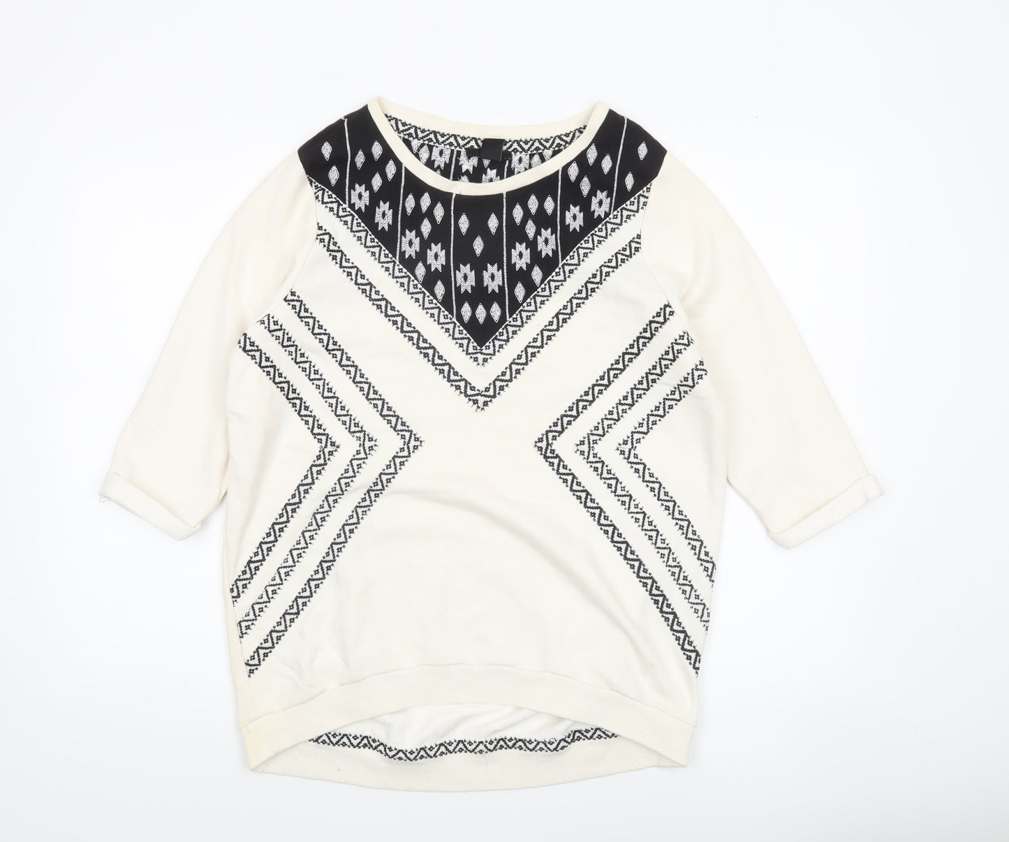 H&M Women's Ivory & Black Patterned Pullover Sweatshirt Size 12