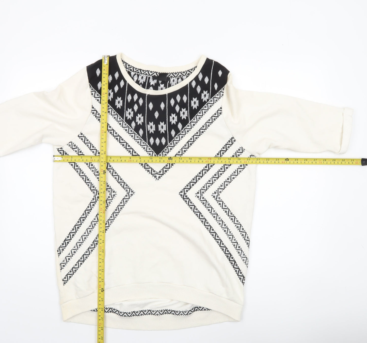 H&M Women's Ivory & Black Patterned Pullover Sweatshirt Size 12