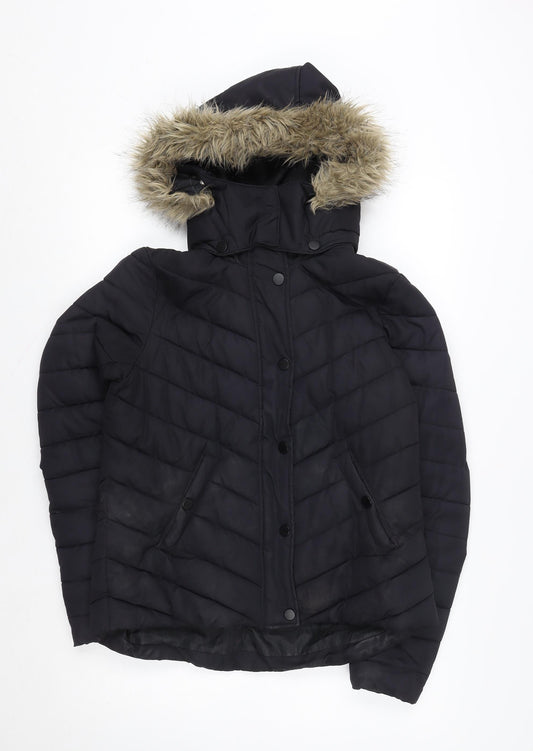 L.O.G.G. Womens Black Faux Fur Hooded Puffer Jacket Size 14