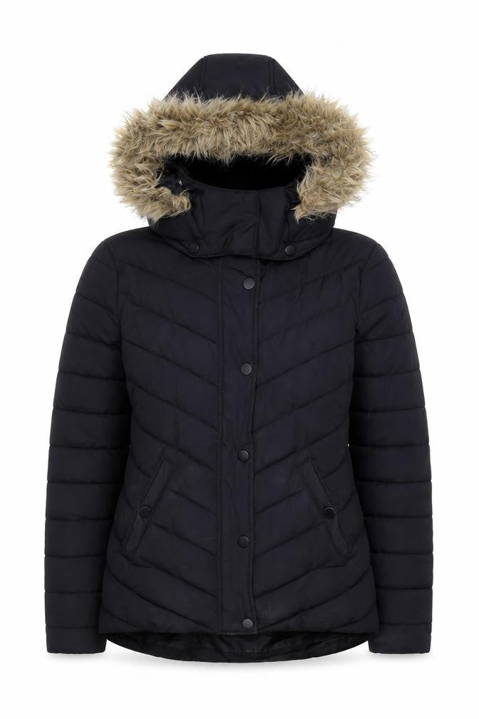 L.O.G.G. Womens Black Faux Fur Hooded Puffer Jacket Size 14