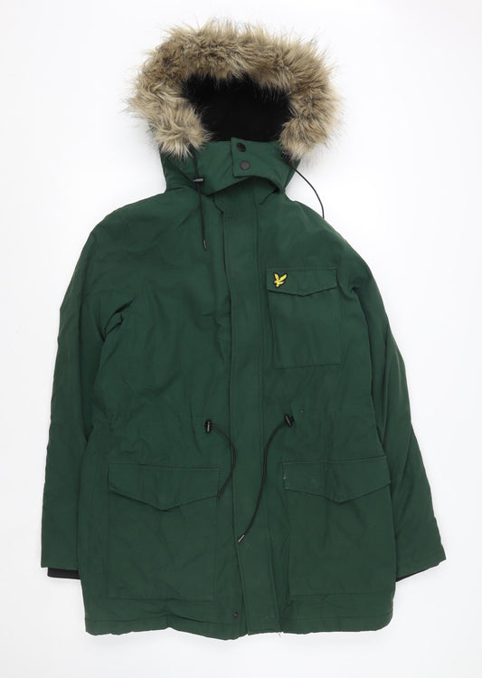 Lyle & Scott Men's Green Parka Jacket Faux Fur Hood Size S