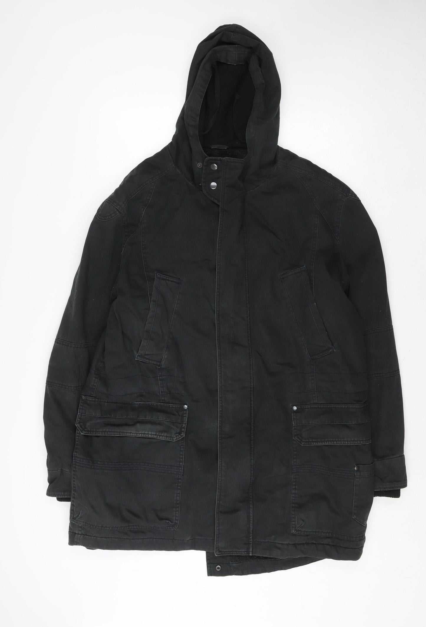 Next Men's Black Hooded Parka Coat Size M Regular Fit Cotton Blend