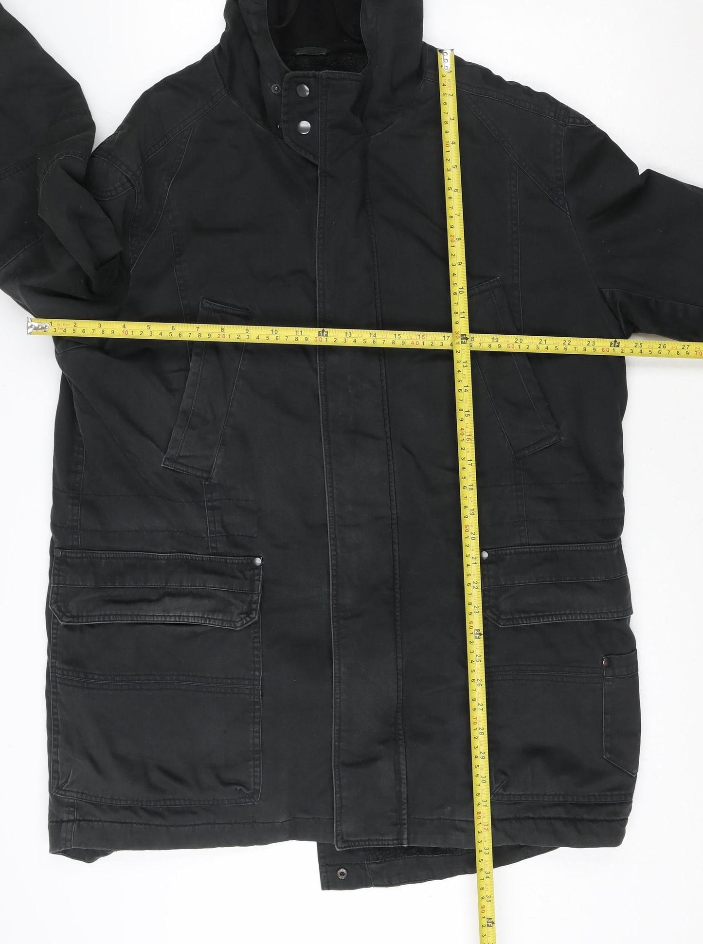 Next Men's Black Hooded Parka Coat Size M Regular Fit Cotton Blend