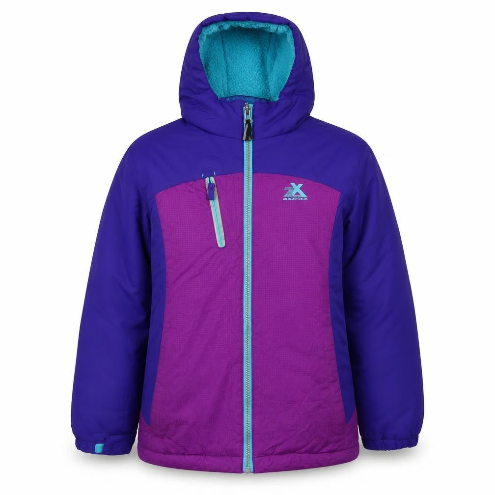 Front view of ZeroXposur girls’ purple hooded puffer jacket, size 10-12, years winter coat