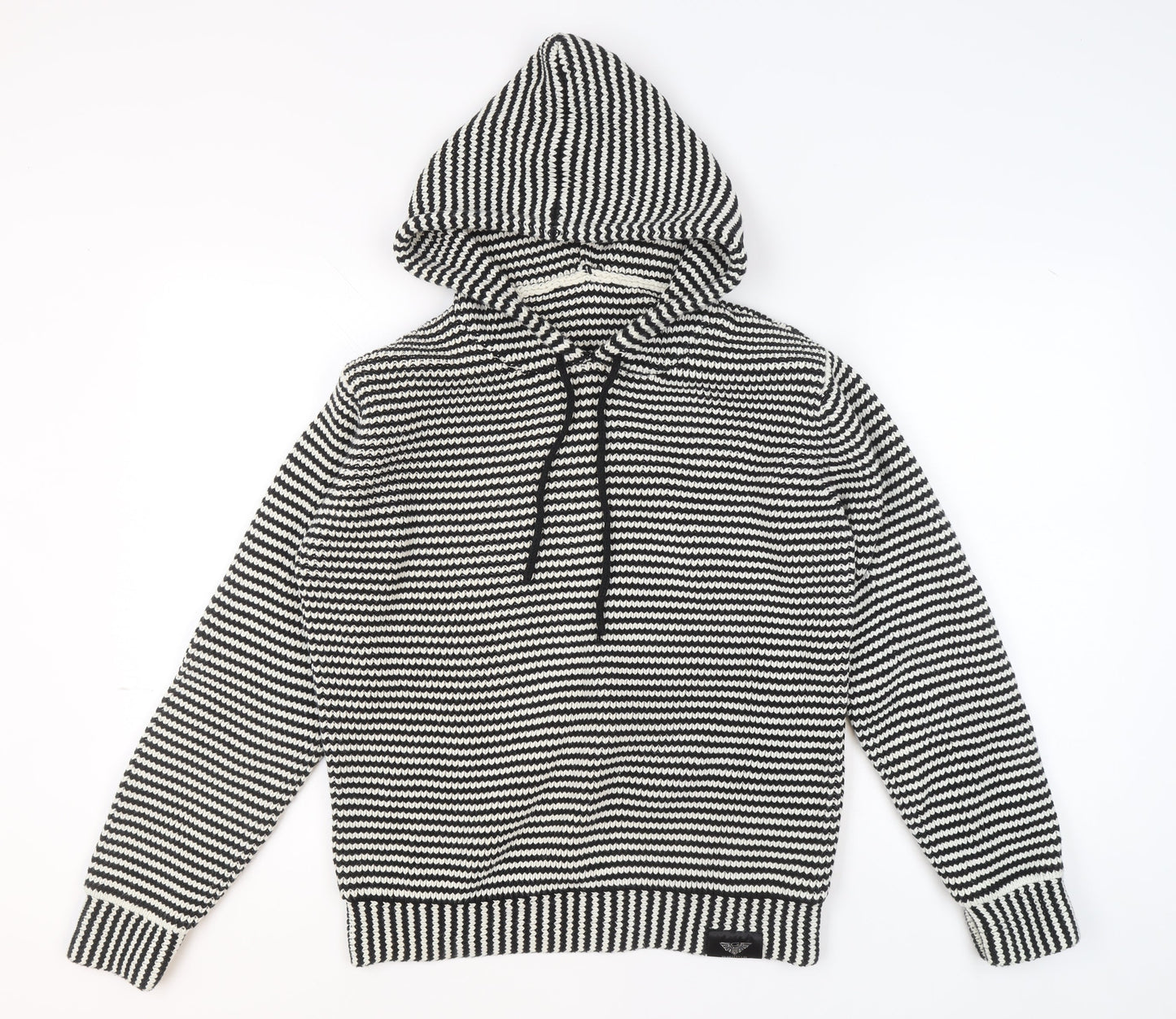 G-Nious Men's Black White Striped Hooded Cotton Pullover Jumper Size M