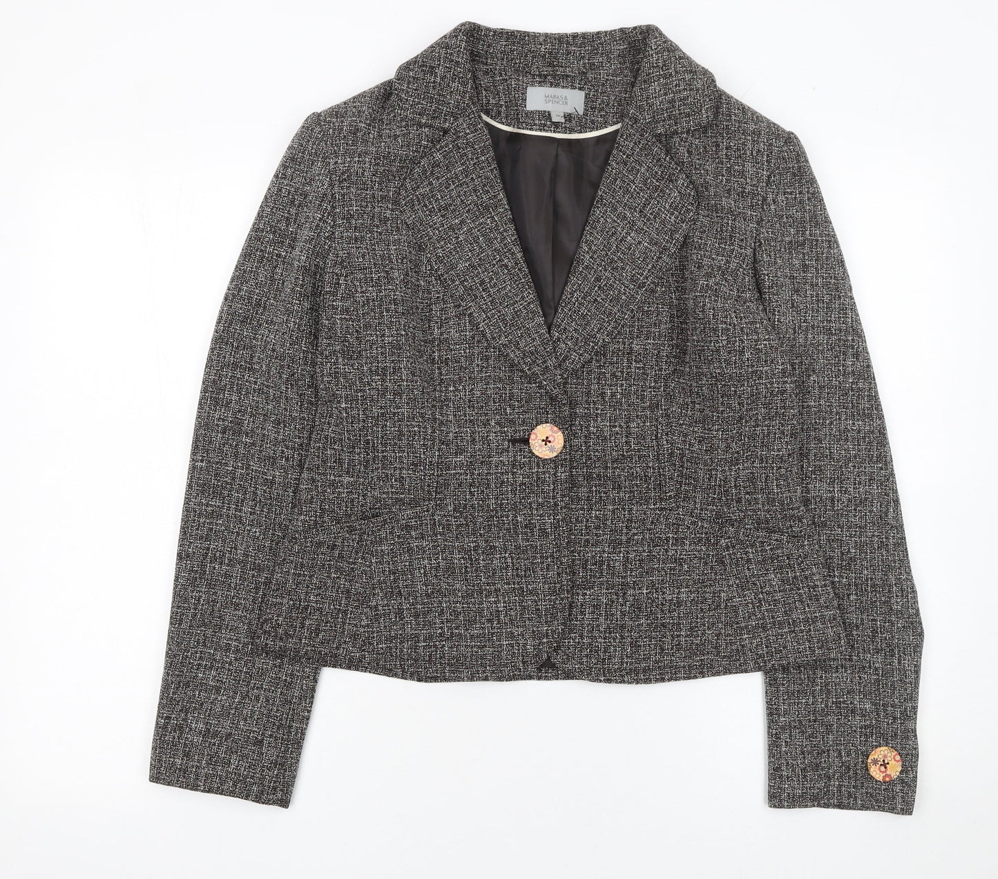 Marks and Spencer Womens Black Tweed One-Button Blazer Size 14