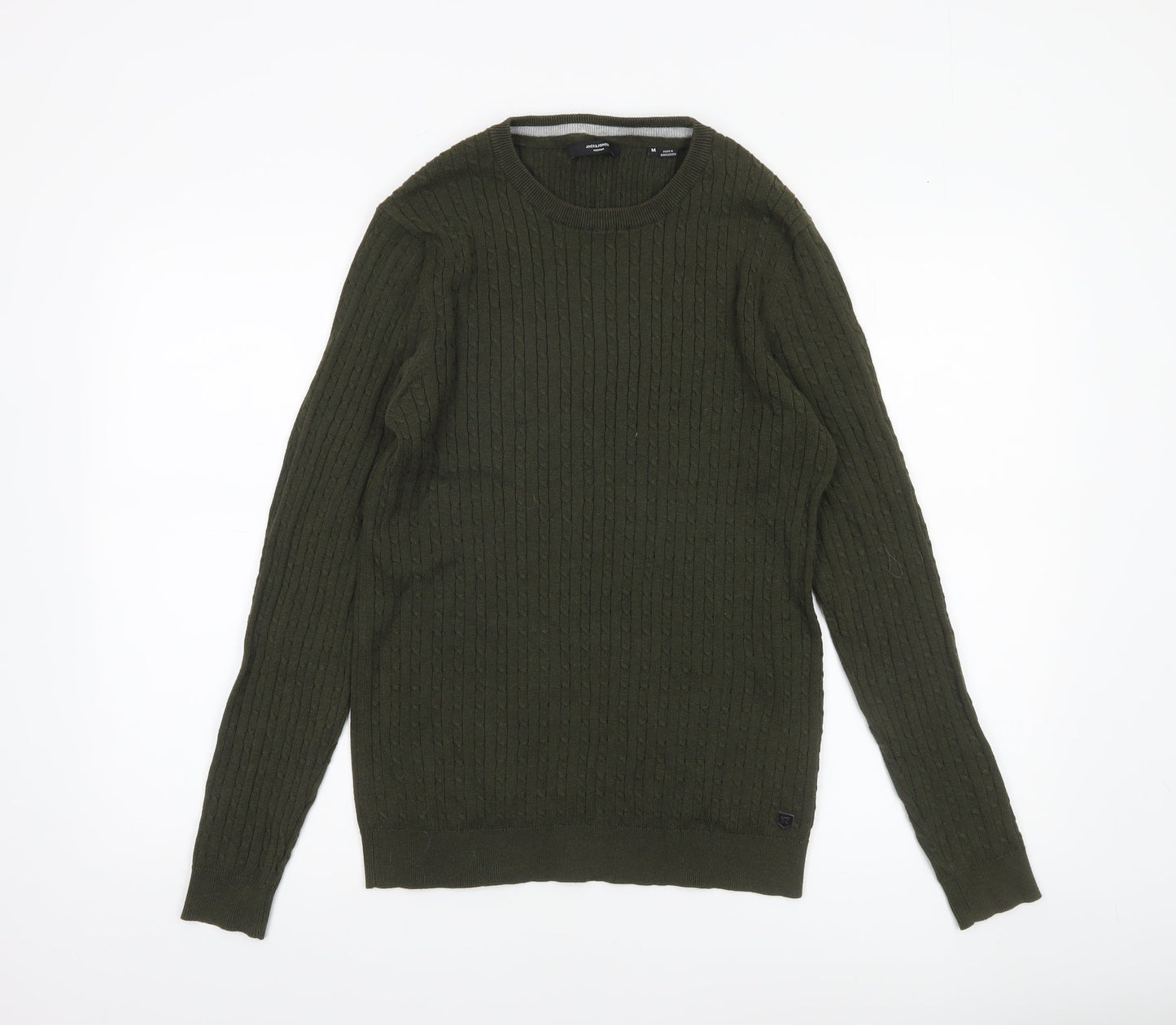 Jack & Jones Men’s Green Cable-Knit Cotton Pullover Jumper Size M