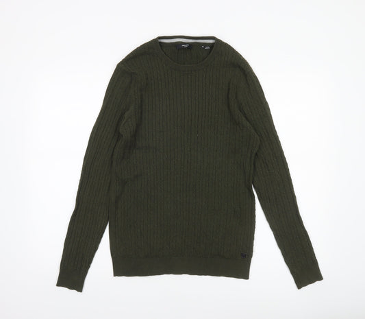 Jack & Jones Men’s Green Cable-Knit Cotton Pullover Jumper Size M