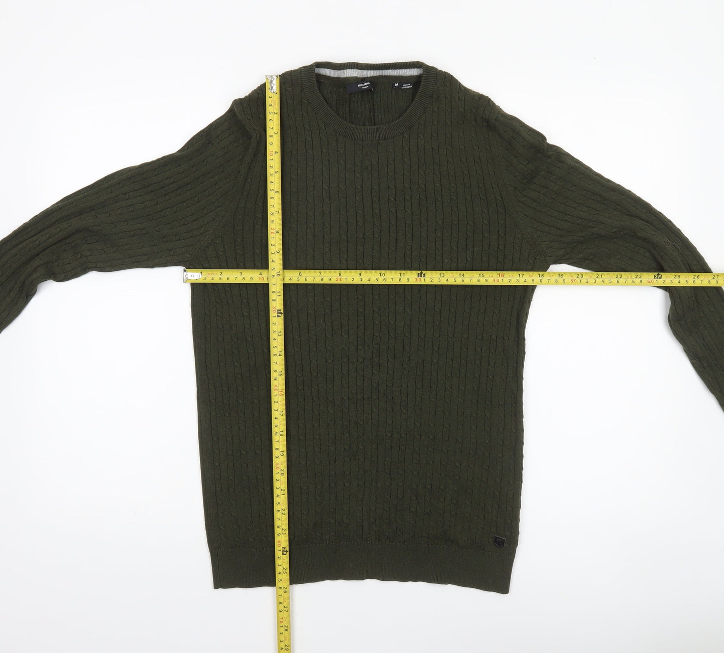 Jack & Jones Men’s Green Cable-Knit Cotton Pullover Jumper Size M