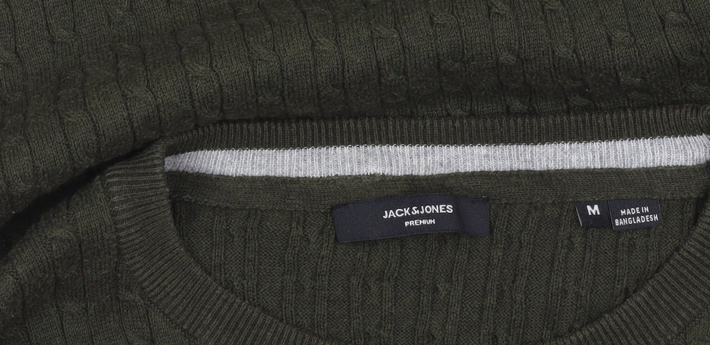 Jack & Jones Men’s Green Cable-Knit Cotton Pullover Jumper Size M