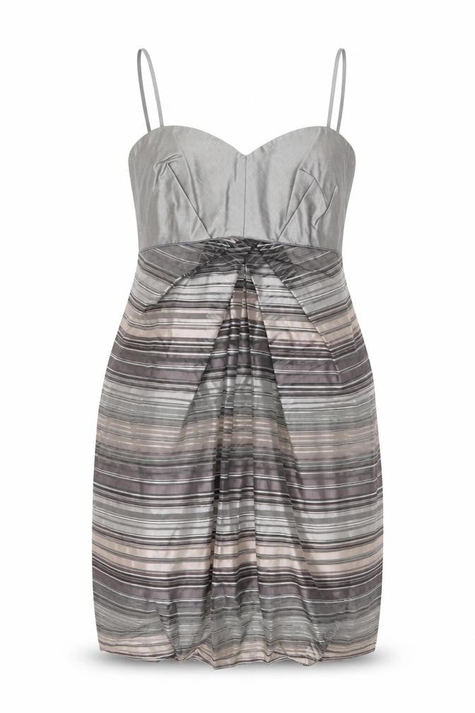Front view of Principles women’s grey striped bodycon dress, size UK 14, party cocktail
