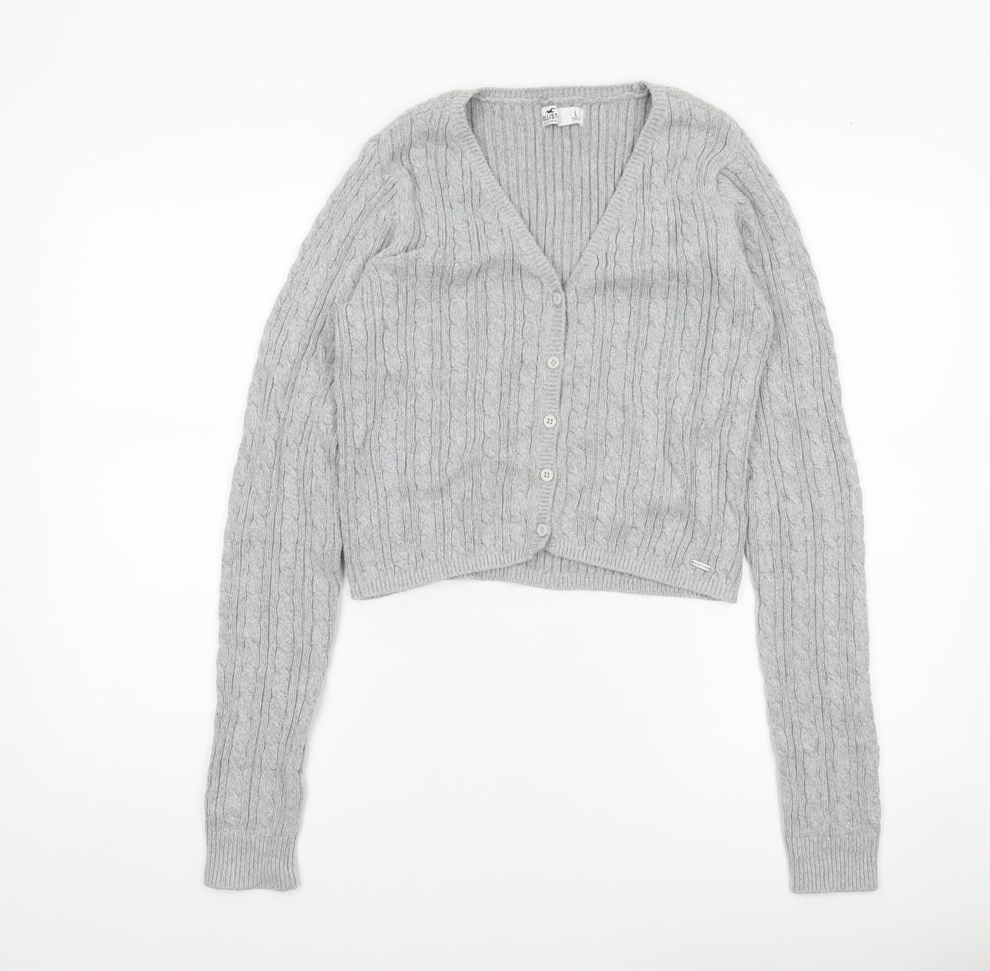 Hollister Womens Grey Cable Knit Cardigan L V-Neck Long Sleeve Jumper
