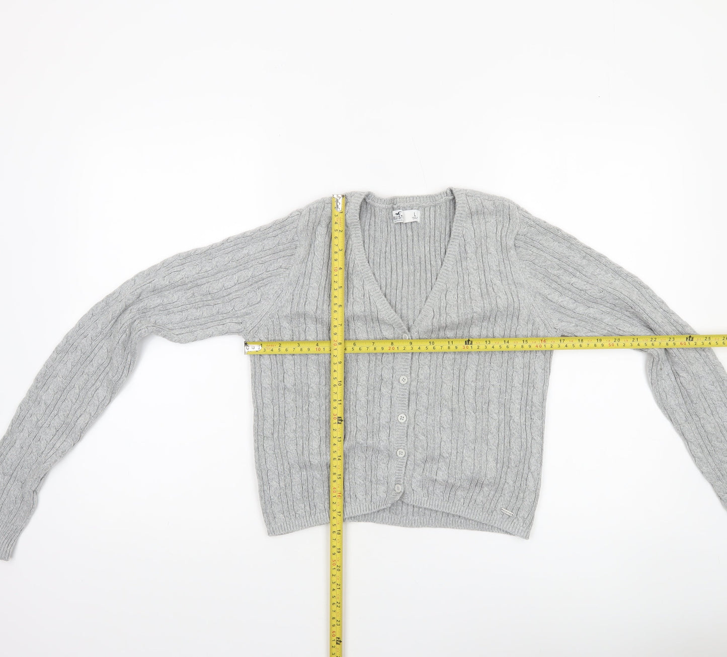 Hollister Womens Grey Cable Knit Cardigan L V-Neck Long Sleeve Jumper