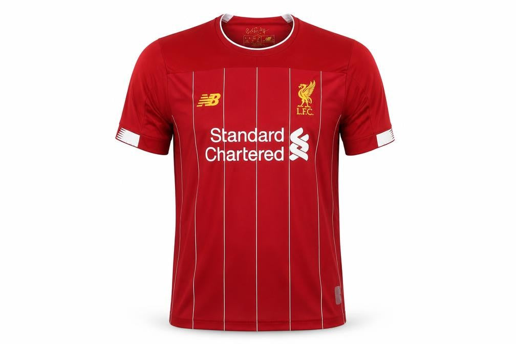 Front view of New Balance boys’ red liverpool fc short sleeve football jersey t-shirt, size 26